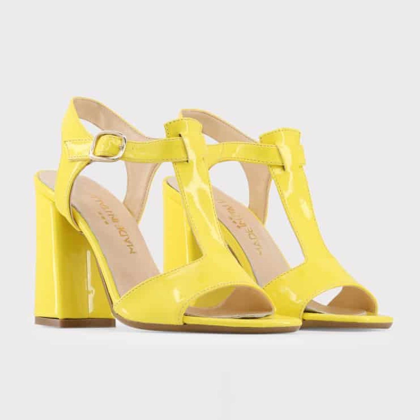 Made in Italia - Sandales Femme Vernies Jaunes à Talon Haut 10 cm avec Bride à la Cheville