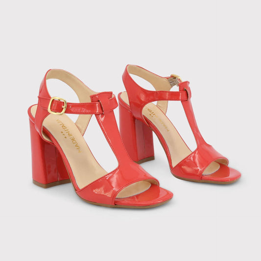 Made in Italia - Sandales Femme Vernies Rouges à Talon Haut 10 cm avec Bride à la Cheville